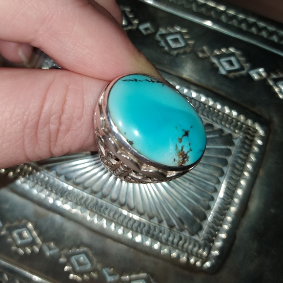 Vintage Native American Navajo Sterling Blue Royston Turquoise Ring Size 8.5 - Picture 1 of 9